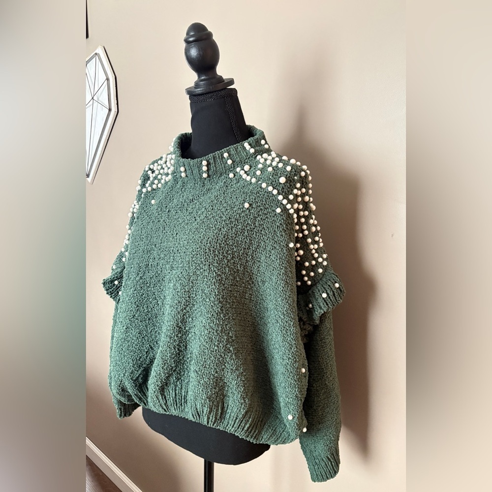 POL green chenille cropped sweater pearl embellished ruffle sleeves boho S EUC - Picture 4 of 15